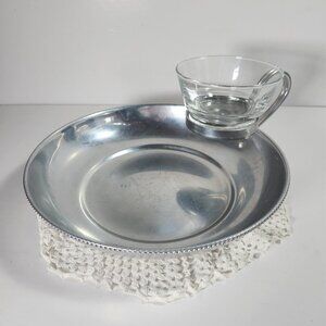 Chip and Dip Dish Beaded Rim Aluminium with Glass Bowl Serving Tray B W Buenilum